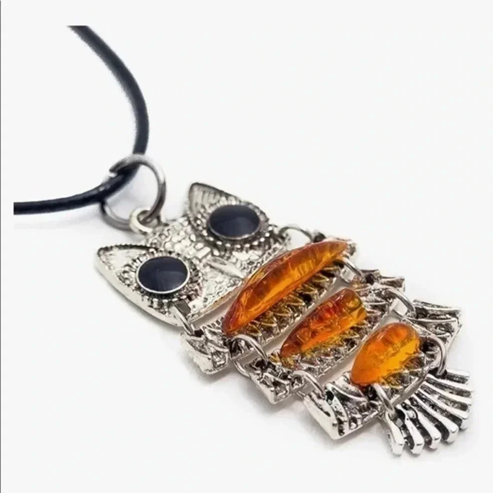 Real Baltic Amber Owl Leather Necklace NWT